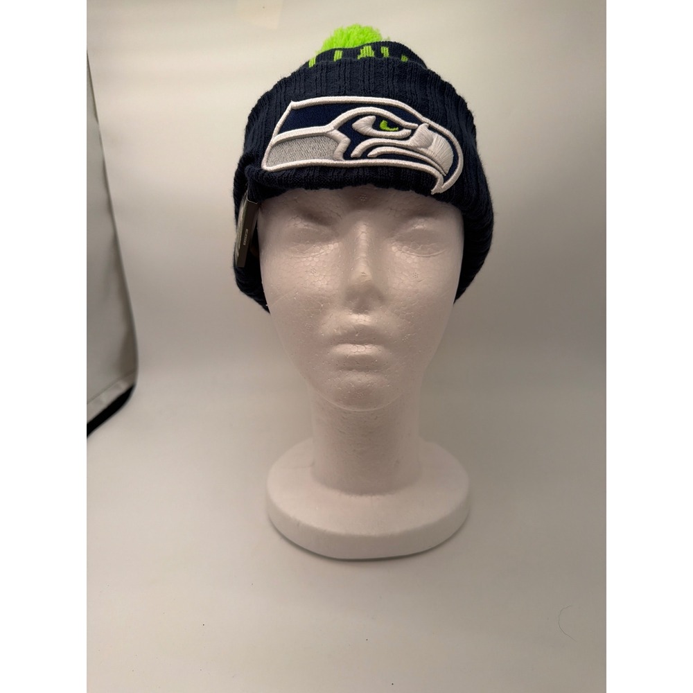 New Era Seattle Seahawks NFL Knit Beanie Pom Hat Navy Blue Lime Green NWT
